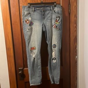 Size 16 Disney Jeans for Women, distressed with Mickey Mouse patches (2017)